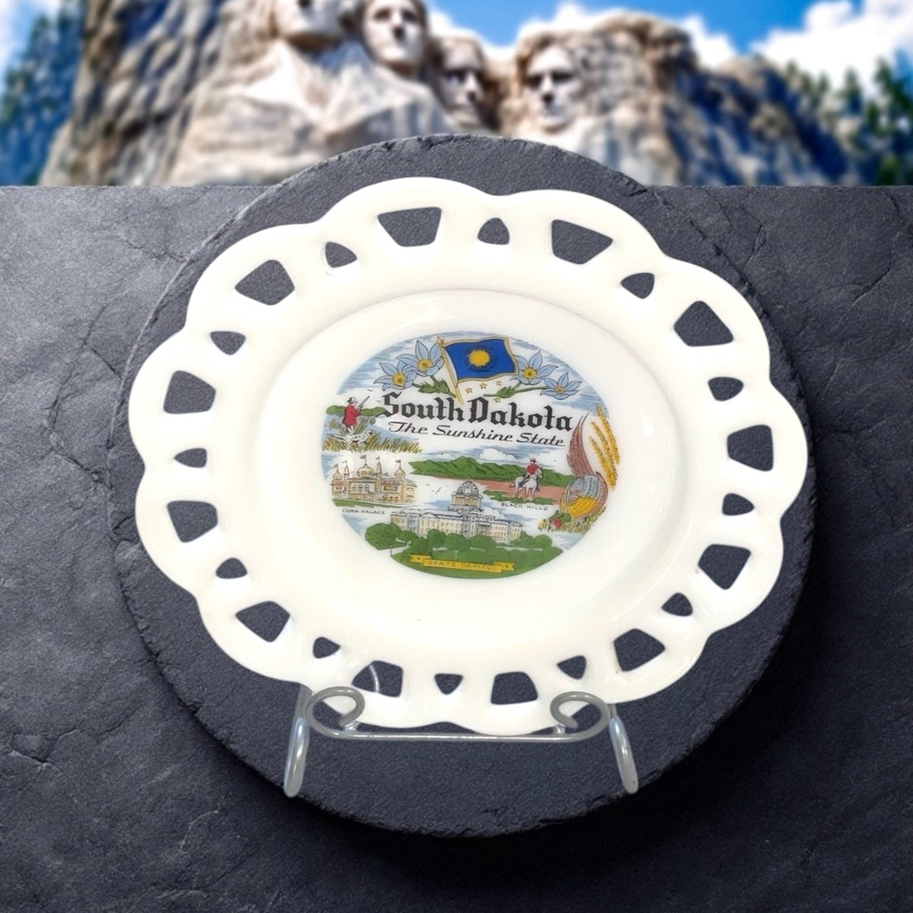 Vintage Hazel Atlas (I Think) Opaque White Glass South Dakota Souvenir Plate